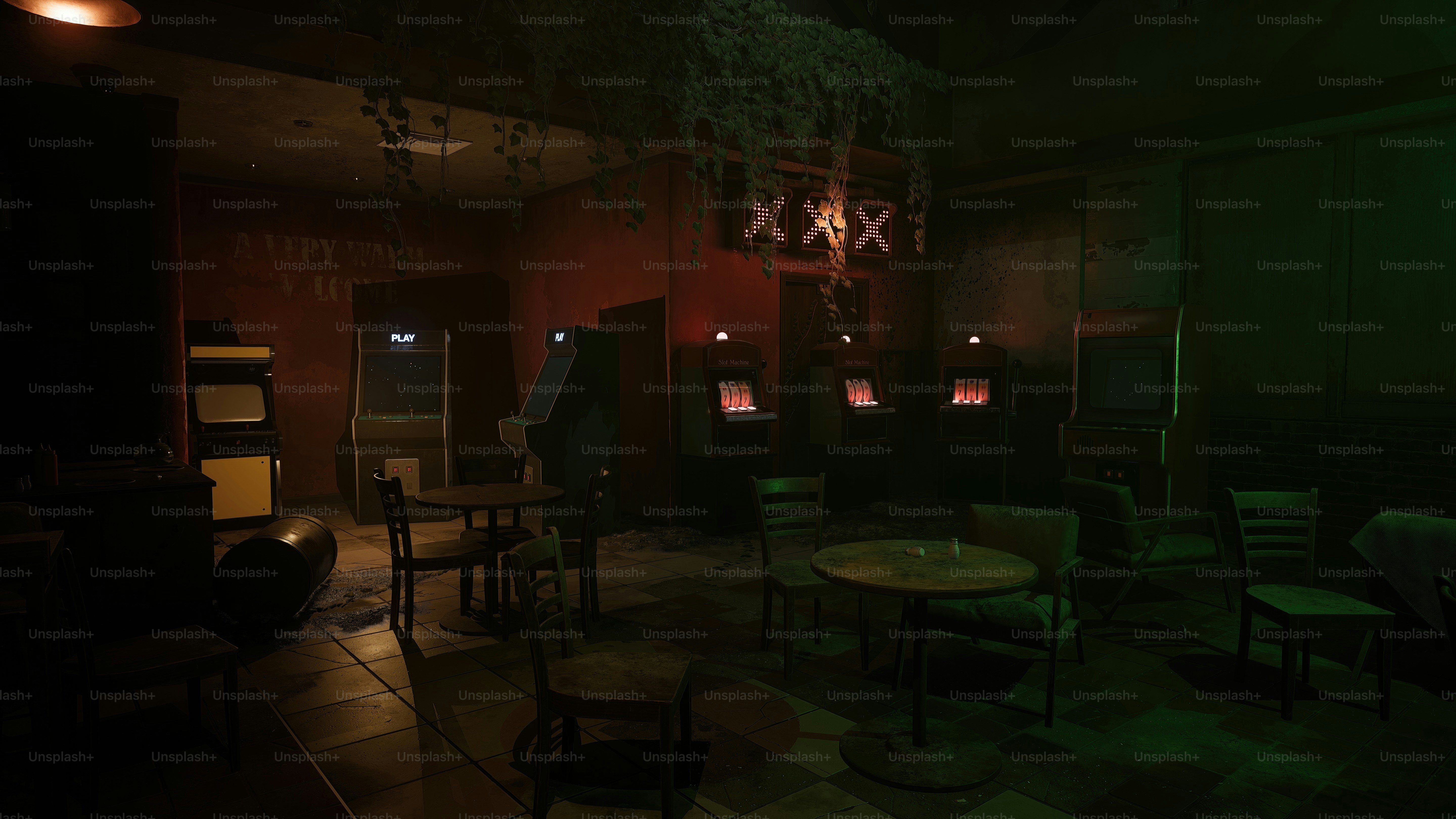 a dimly lit room with tables and chairs